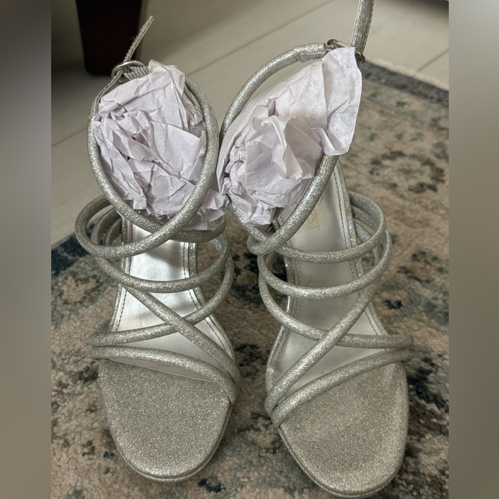 Nine West silver strappy glitter heels